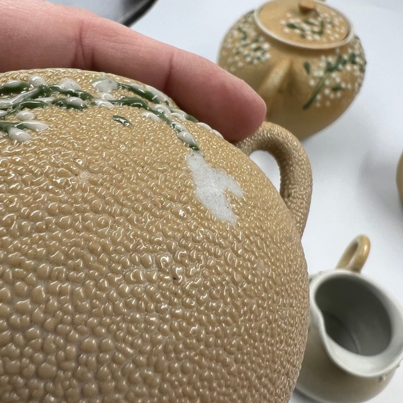 Antique Meiji Period Tea Set 4 Pieces Shark Skin Moriage Porcelain Cream Sugar - Picture 10 of 16